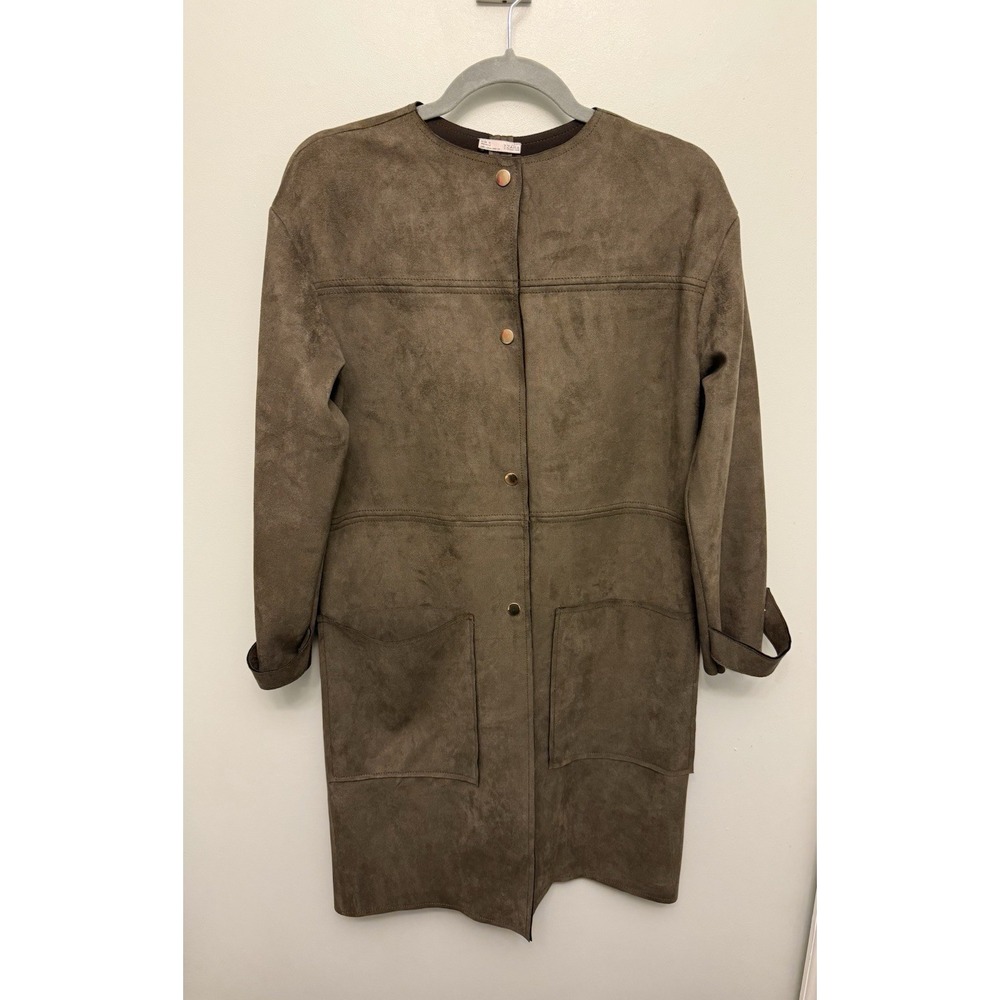 Zara Faux Suede Jacket Women's Size Small Olive Brown Snap Front WB‎ Collection